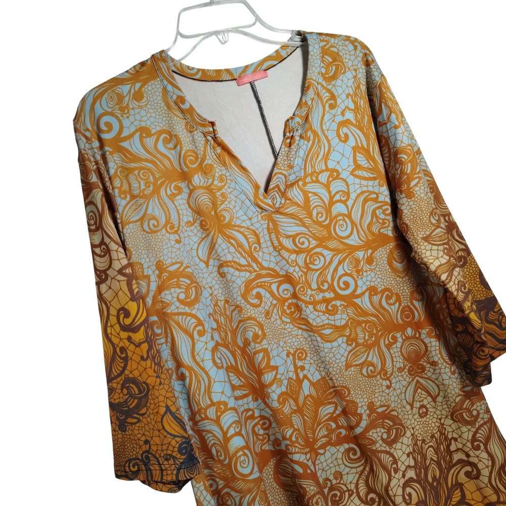 Simply Aster‎ Tunic Top XL Orange Blue Floral Paisley 3/4 Sleeve Lightweight